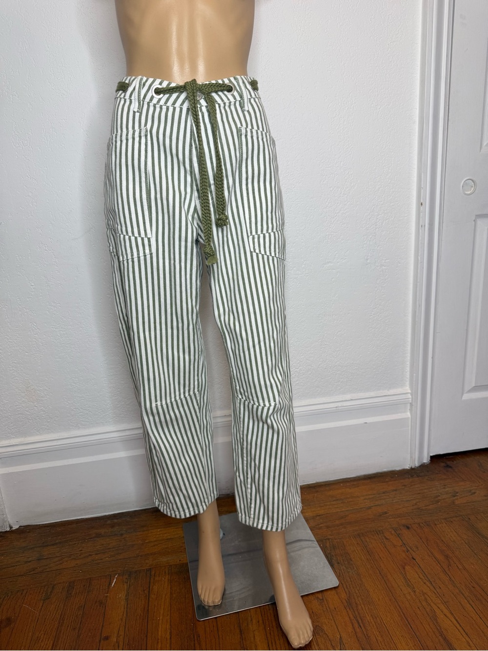 Böhme Boehme Jocelyn Barrel Jean Women’s Size Small Green Stripe Tie Waistband